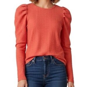 Loft Chic Petite Pleated Puff Sleeve Orange Knit Coral Long Sleeve Top XS‎ flaw